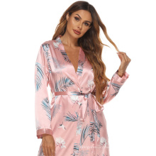 2021 Best selling monsoon women long causal fashion printed silk nightgown ladies sexy polyester stain summer robe sleepwear